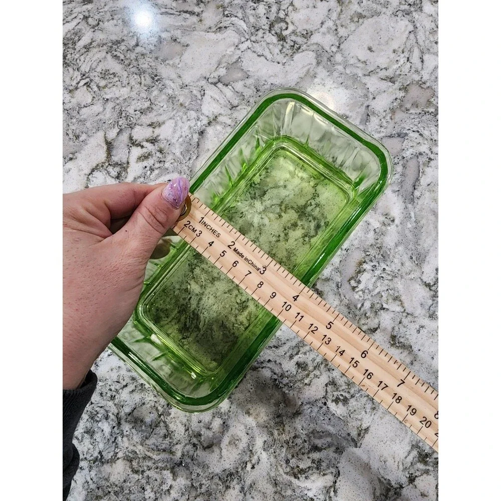 Uranium Glass 8.5” Casserole Bread Loaf Dish Rectangular, Refrigerator Read